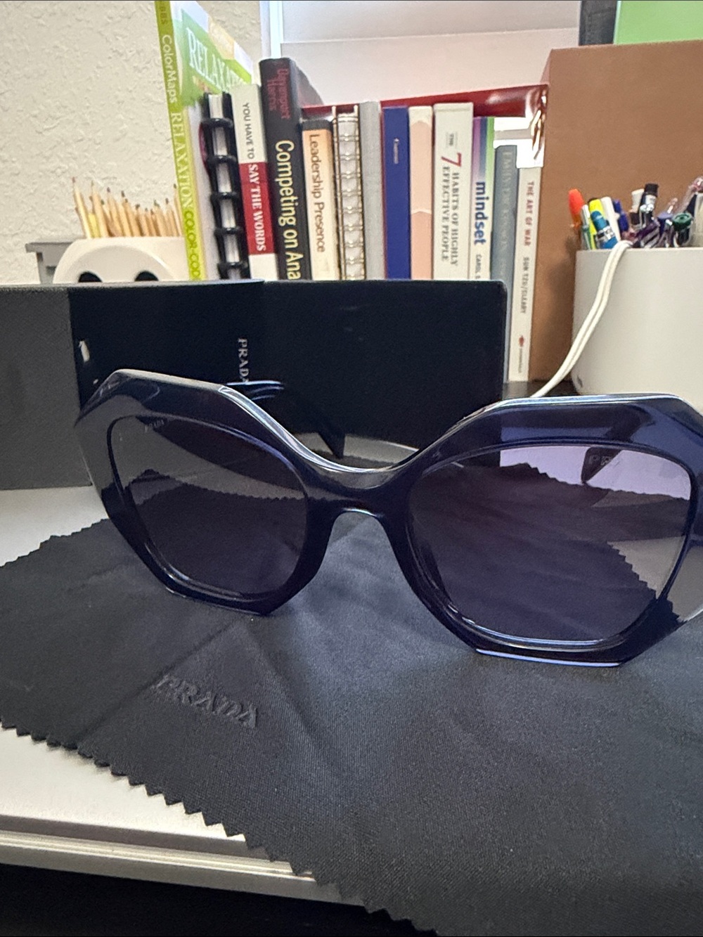 Prada Dark Blue  Sunglasses with Gold Logo Accent